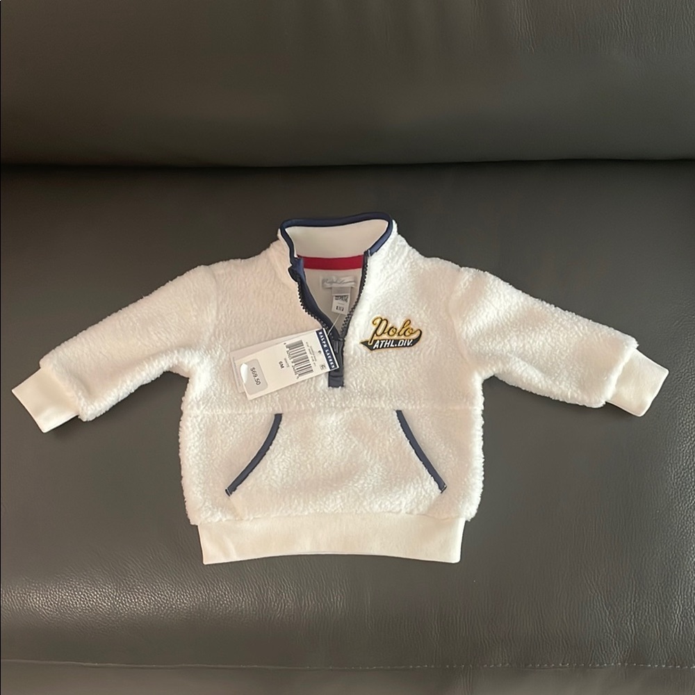 Ralph Lauren Polo ATHL. DIV. Fluffy White Quarter Zip Fleece with Navy Trim 6M